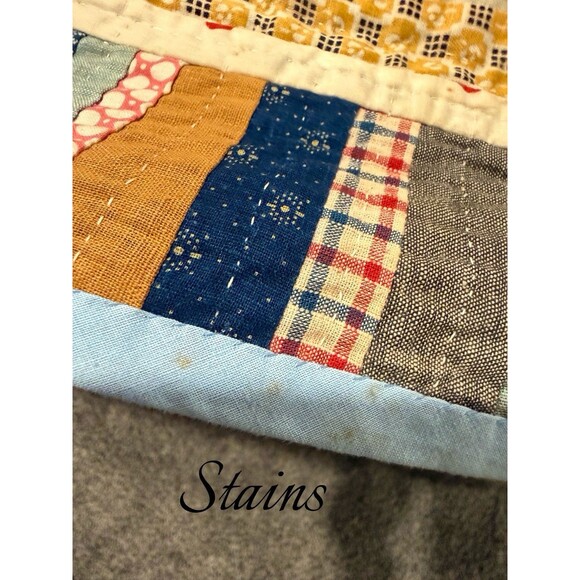 Antique Log Cabin Quilt Reversible Twin/full Blue Trim Floral Back 81” X 64” - Picture 10 of 16